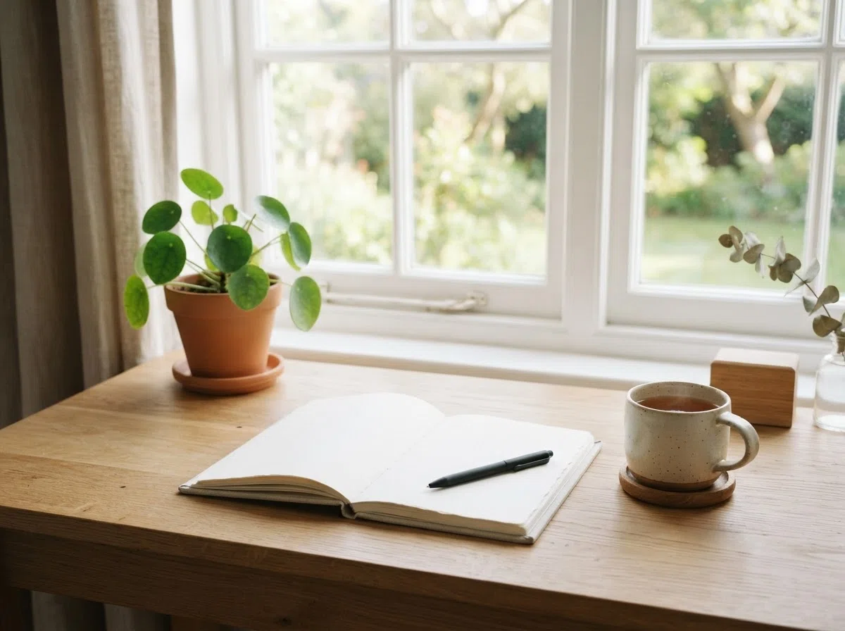 Workspace with wellness products and natural light