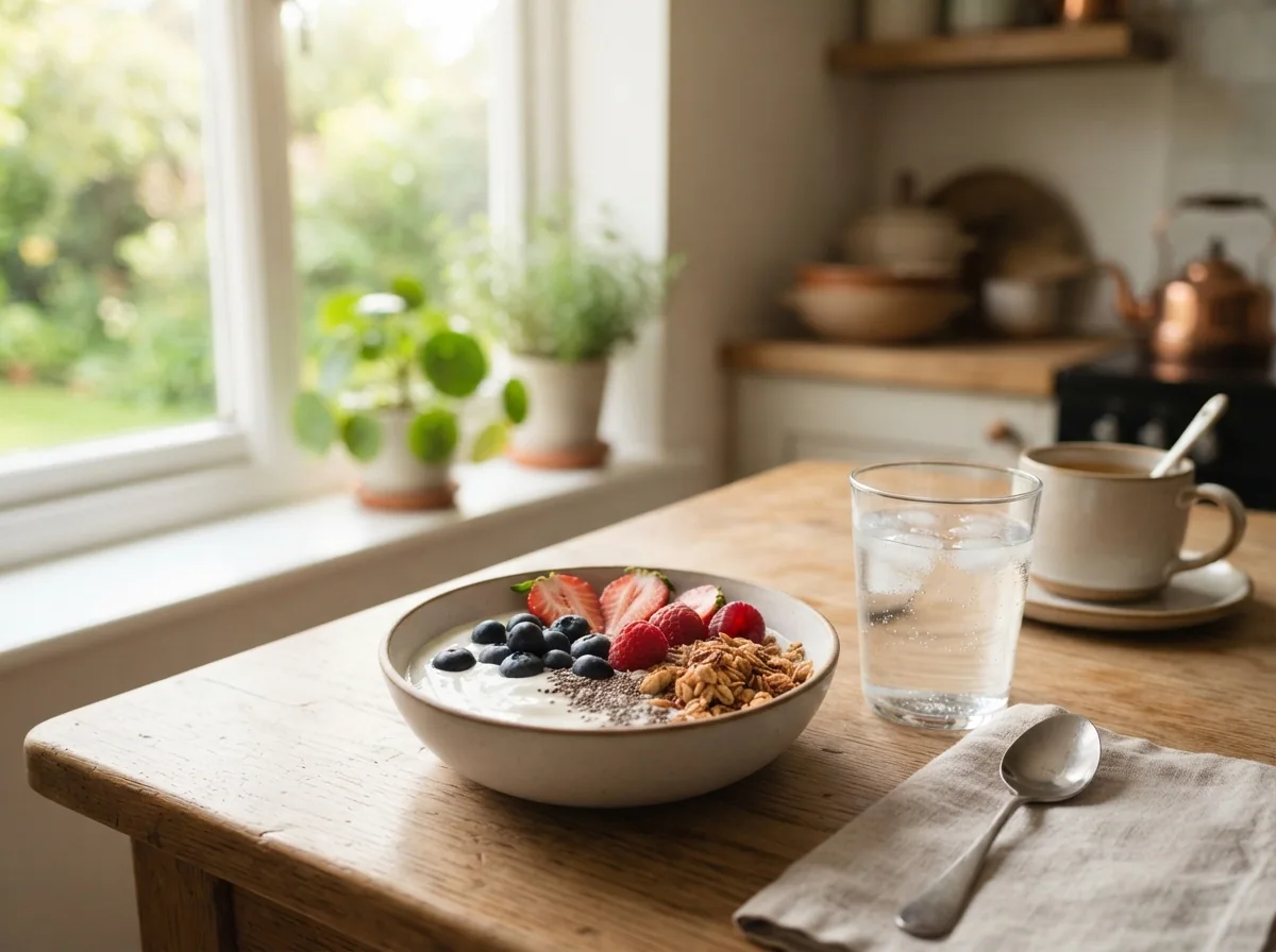 Morning routine with water glass and wellness capsule